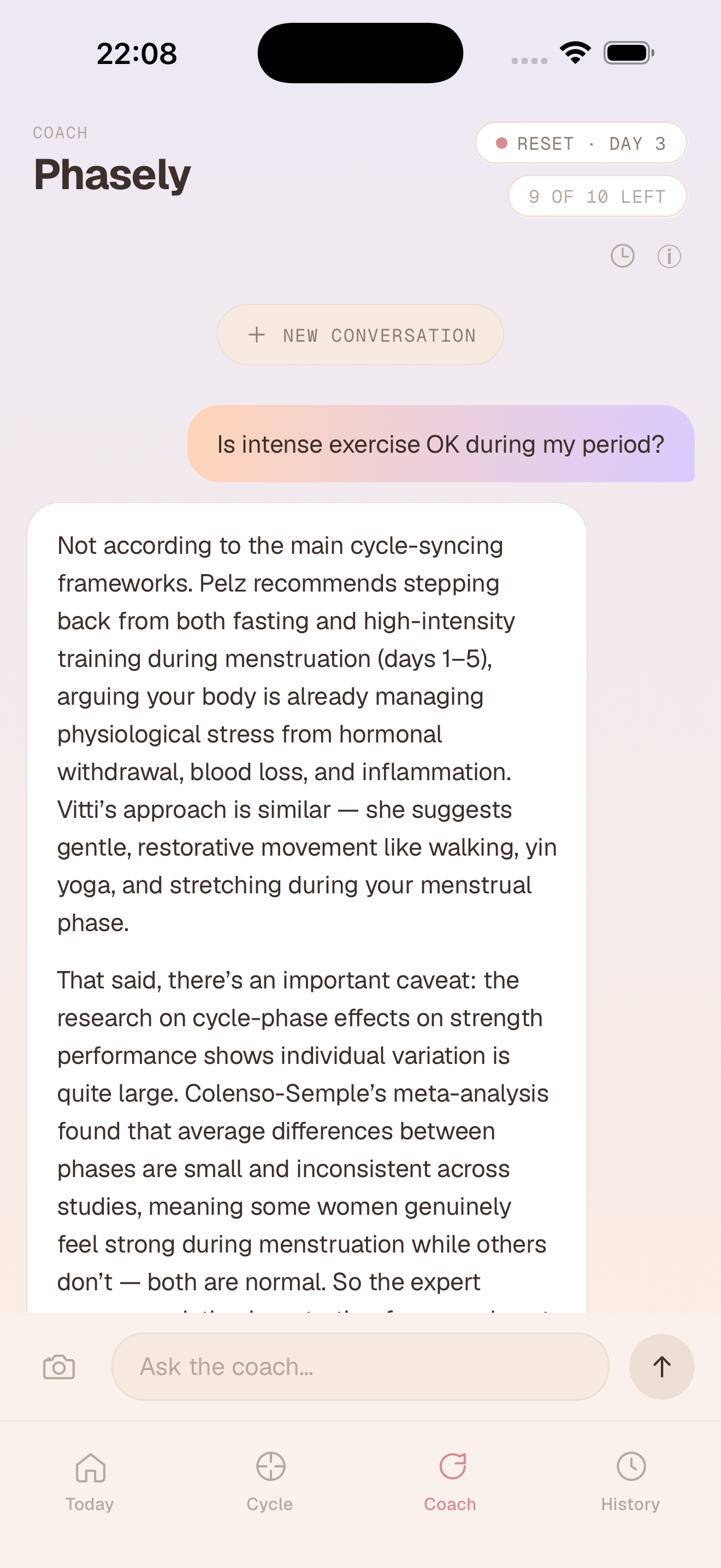 Phasely AI coach answering a question about exercise during menstruation with cited research