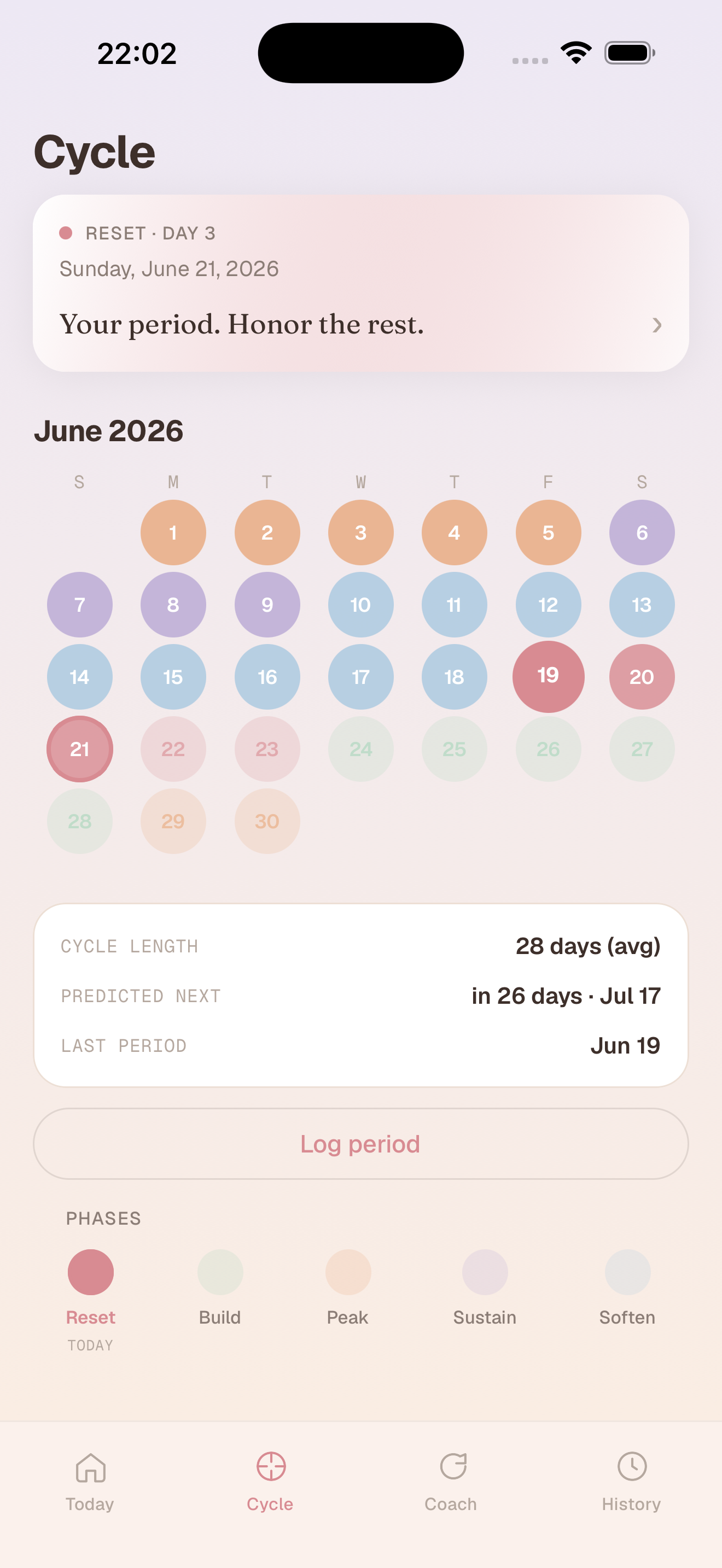 Phasely cycle calendar showing predicted phases across the month