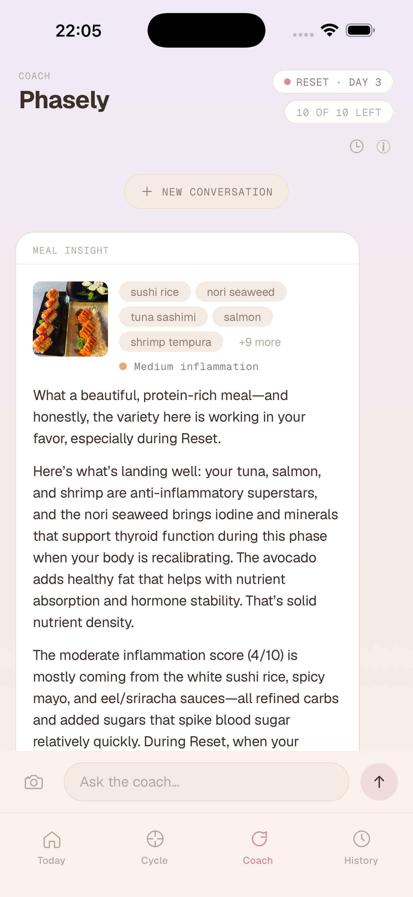 Phasely meal insight showing a food breakdown and inflammation score for a photographed meal
