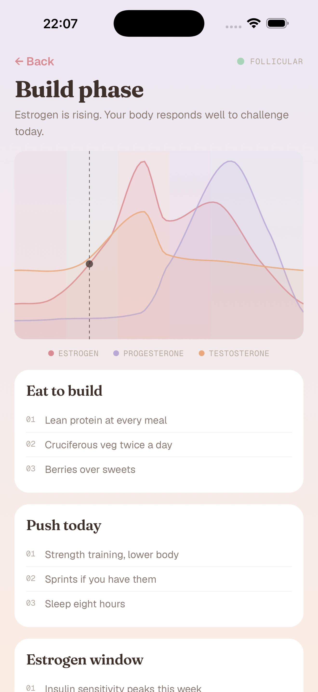 Phasely Build phase detail screen with hormone curve and nutrition and training guidance